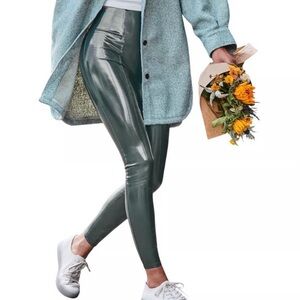 Spanx Faux Leather Leggings Shapewear Shaping Pants Green Womens M Shiny